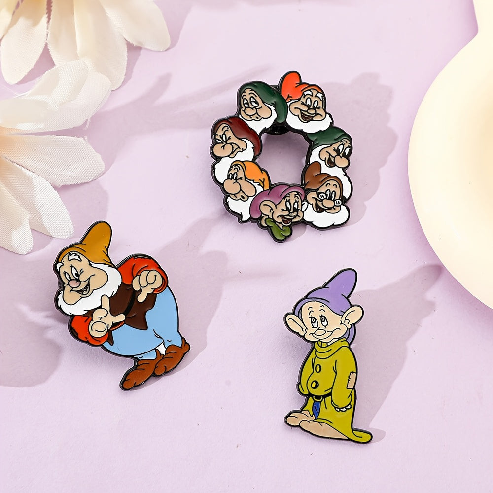 Three Disney Seven Dwarfs Enamel Pins featuring adorable cartoon characters, made from Zinc Alloy. These metal badges are perfect for adding a touch of whimsy to clothing and backpacks. They make an ideal Christmas gift or party accessory, suitable for