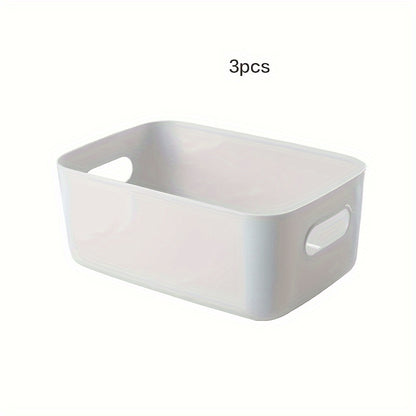 3-piece plastic storage basket set for cosmetics, kitchen, and bathroom essentials to organize home clutter efficiently.