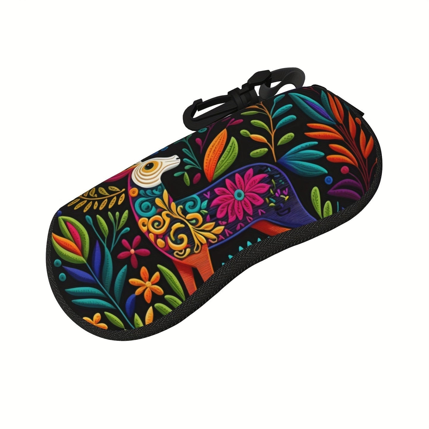 Waterproof glasses case with keychain featuring Mexican floral art design. Made of ultra-light and soft neoprene, this reading glasses holder is perfect for both men and women.