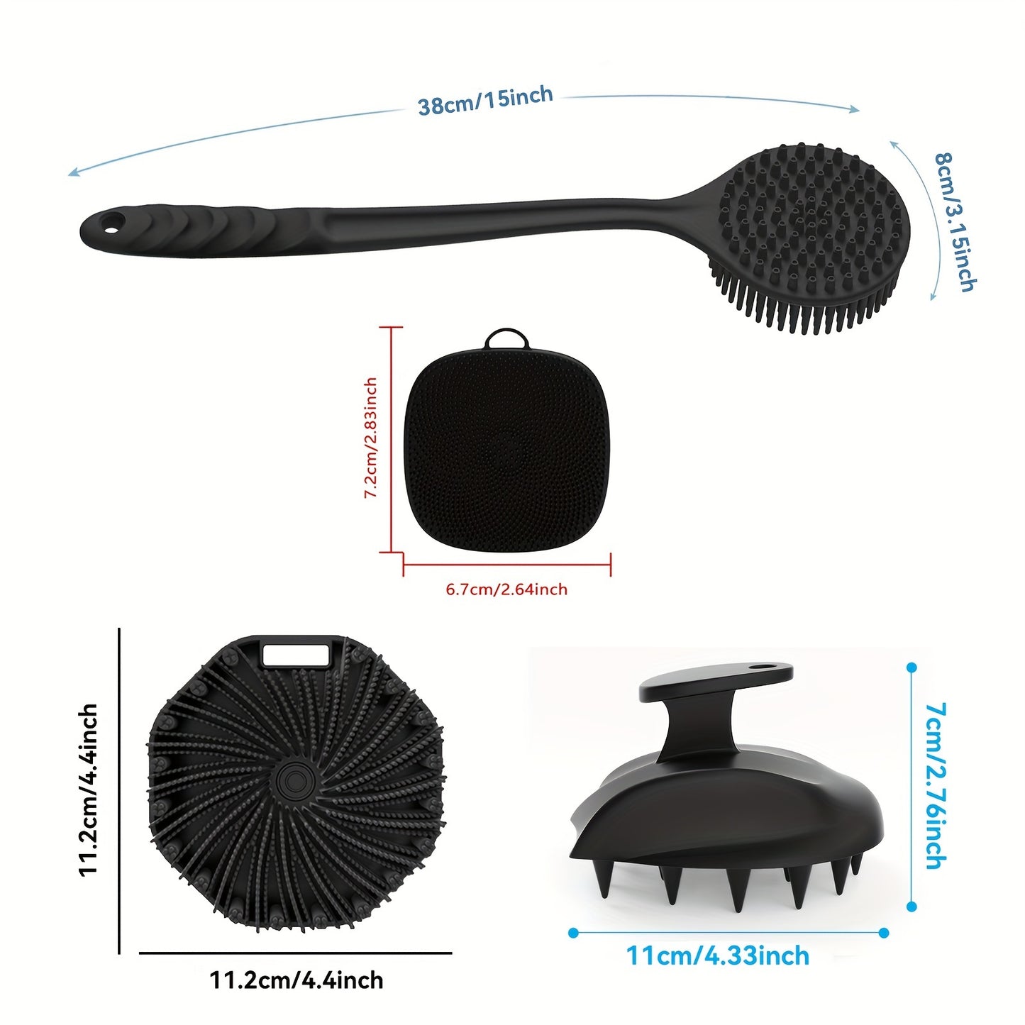 4-piece silicone bath & shower brush set with dual-sided long handle for back, face, and scalp massage. Gentle exfoliating body scrubber with soft bristles and non-slip grip for deep