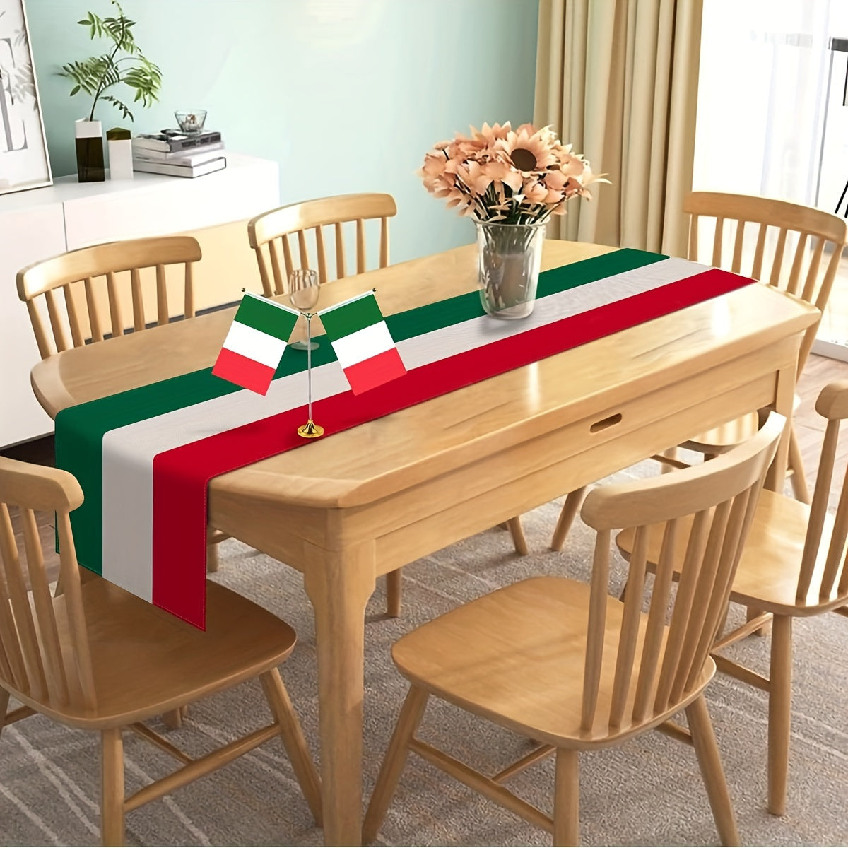 Polyester table runner with an Italian theme, ideal for decorating dining tables in home and kitchen settings, rectangular shape.