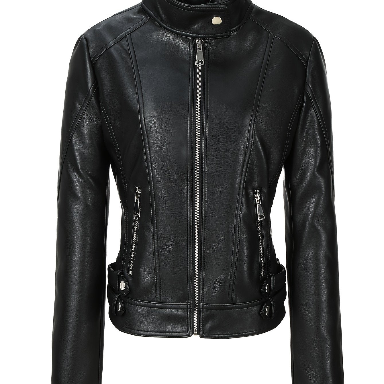 Women's faux leather biker jacket with stand collar and zip-up closure, perfect for spring/fall casual wear.