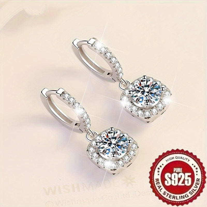 1 Pair of S925 Sterling Silver Square Pendant with Synthetic Zirconia, Retro and Elegant Design.