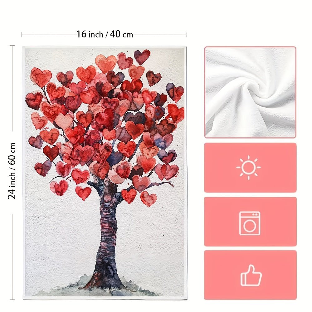 Two pieces of luxurious Valentine's tree kitchen towels that are incredibly soft and highly absorbent. These machine washable dish hand towels feature a romantic heart design, measuring 40.64x60.96 cm. Perfect for holiday decor and drying dishes, these