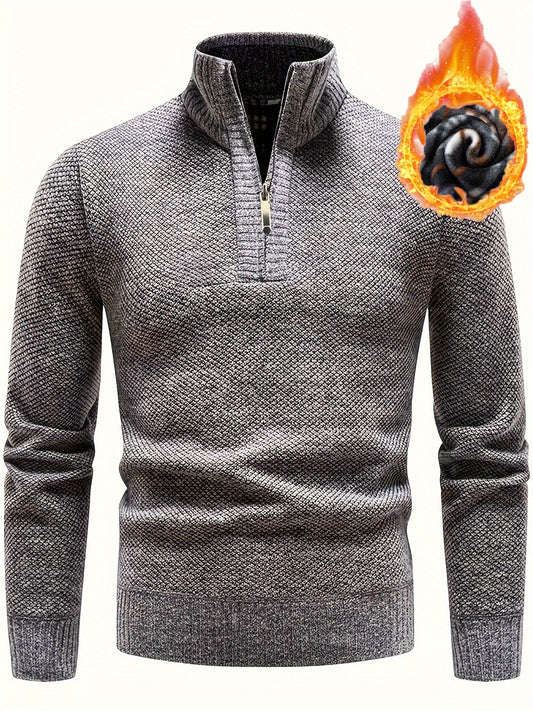 Men's plus size knit sweater with high collar, metal chain detail, and polyester lining for autumn/winter.