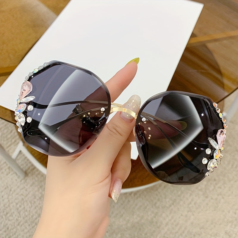 2 Rhinestone fashion glasses for women, frameless gradient lens with gemstone accents and unique bent leg design, buy 1 get 1 free.