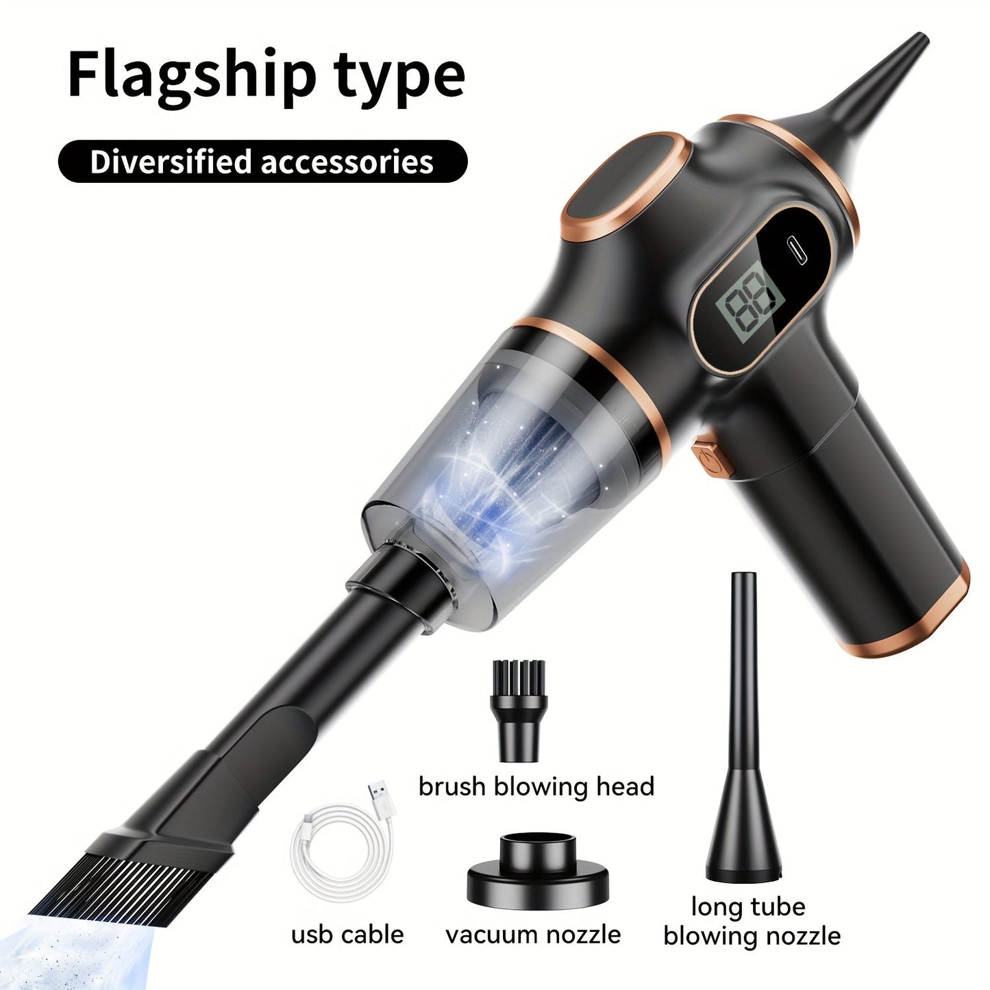 [Bestseller] belibuy Portable Rechargeable Car Vacuum Cleaner with Digital Display - Elegant Black & Rose Gold, Handheld, Cordless Dust Remover with Cyclone Suction, Includes Brush Blowing Head & Long Tube, USB Charging, Durable ABS Material, Cordless