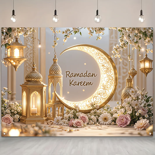 1pc Elegant Ramadan Mural Banner, Polyester with Golden Crescent Moon and Lantern Design, Durable Wall Decor for Room and Party, Festive Home Decoration for New Year and Eid Al-Fitr