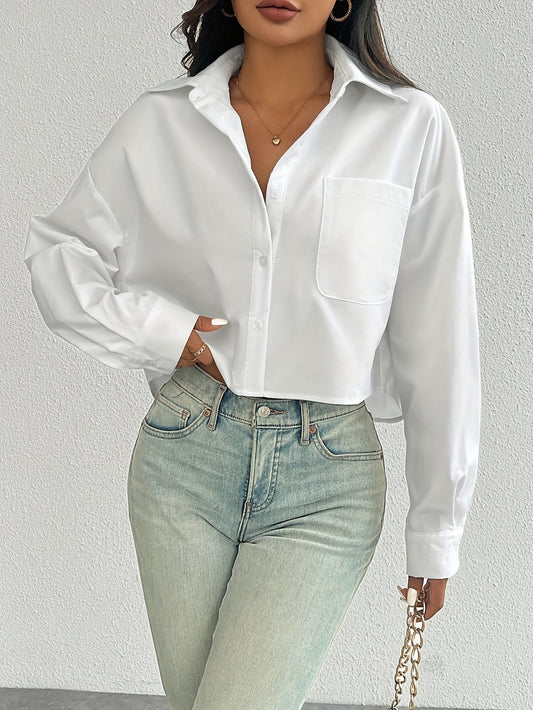 Stylish white casual shirt for women, drop shoulder, long sleeve, short style with pocket, button-up, made of 100% polyester, machine washable, ideal for casual wear.