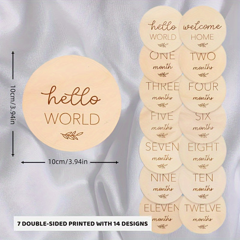 Celebrate baby's first year with the Yuebaaf 7-piece Reversible Wooden Milestone Cards Set! This set includes milestone cards featuring 'Hello World' and Announcement signs, perfect for monthly photo props. Made from durable fiberboard discs, these cards