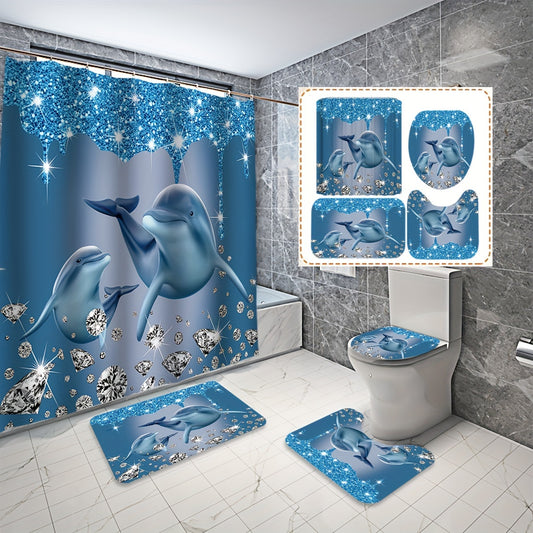 Ocean Dolphin Shower Curtain Set with 3D printed cartoon design, made of twill weave polyester fabric. Includes non-slip washable bath mat, toilet cover, and twist top with hooks. Suitable