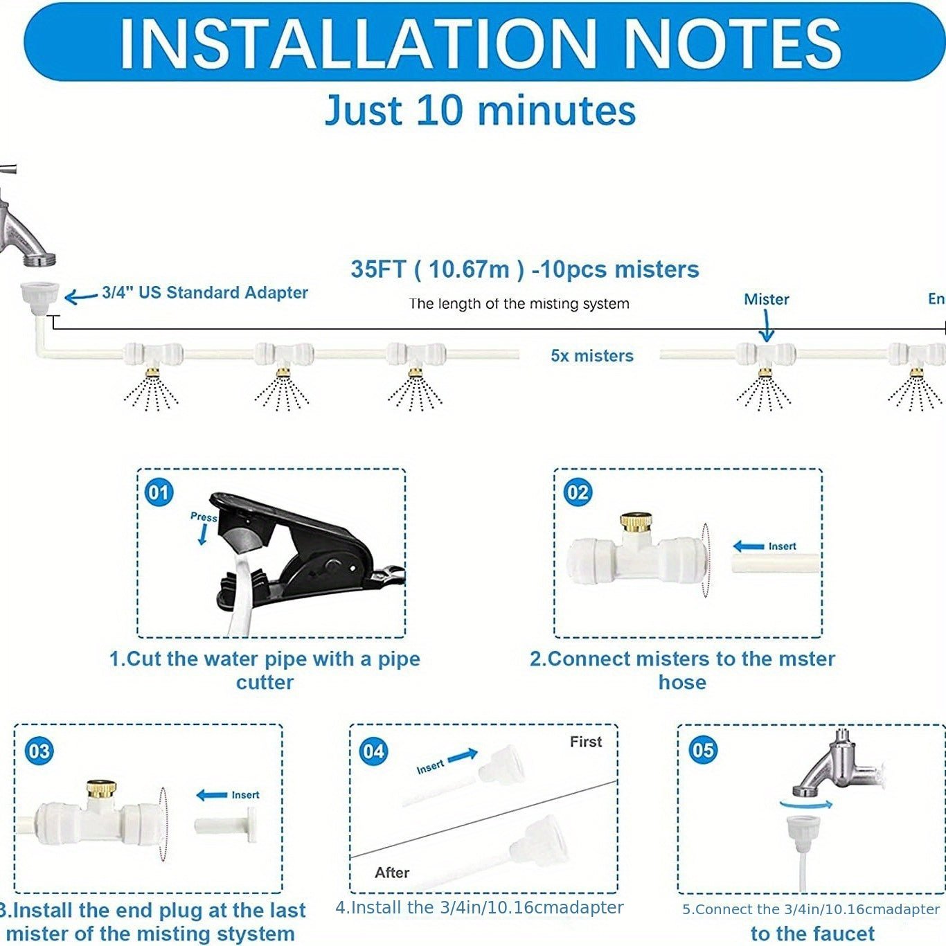 Outdoor cooling mist system for low-pressure spray in gardens, factories, and vegetable moisturizing kits with standard European thread connectors.