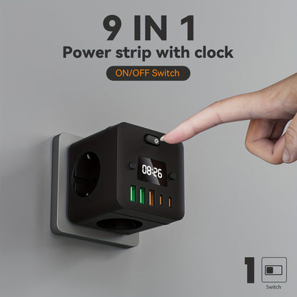 9 in 1 Power Strip with Clock - European Standard Plug Wall Outlet Splitter: 5 USB Ports (2 USB-C), 3 Sockets, Surge Protection & On/Off Switch. Ideal for Home, Office, Travel.