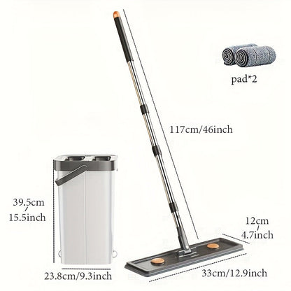 The Flat Mop and Bucket Set features a Self-Wringing System for hands-free floor cleaning. This set includes 2 reusable pads and does not require electricity. It is perfect for cleaning the living room, bedroom, bathroom, toilet, and kitchen.