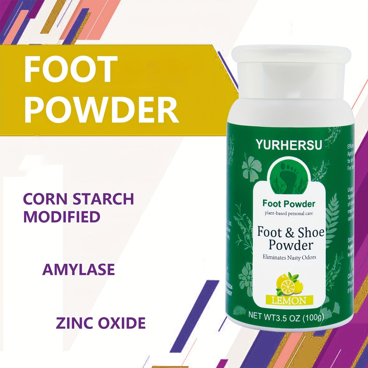 YURHERSU Lemon-Scented Foot & Shoe Powder - 3.5oz, Alcohol-Free, Keeps Feet Dry & Clean, Natural Formula for Hands & Nails, Lemon Fresh Scent, Moisturewicking Powder for Foot, Hand & Nail