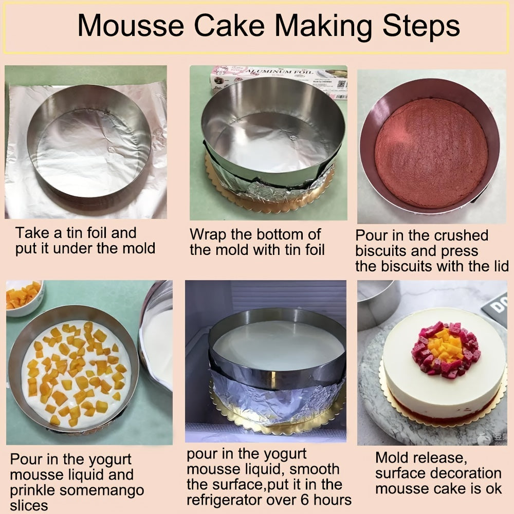 Round Cake Mold Set includes 2, 4, or 8 pieces made of stainless steel. Perfect for creating mousse cakes with an 8.0 cm diameter cake ring.