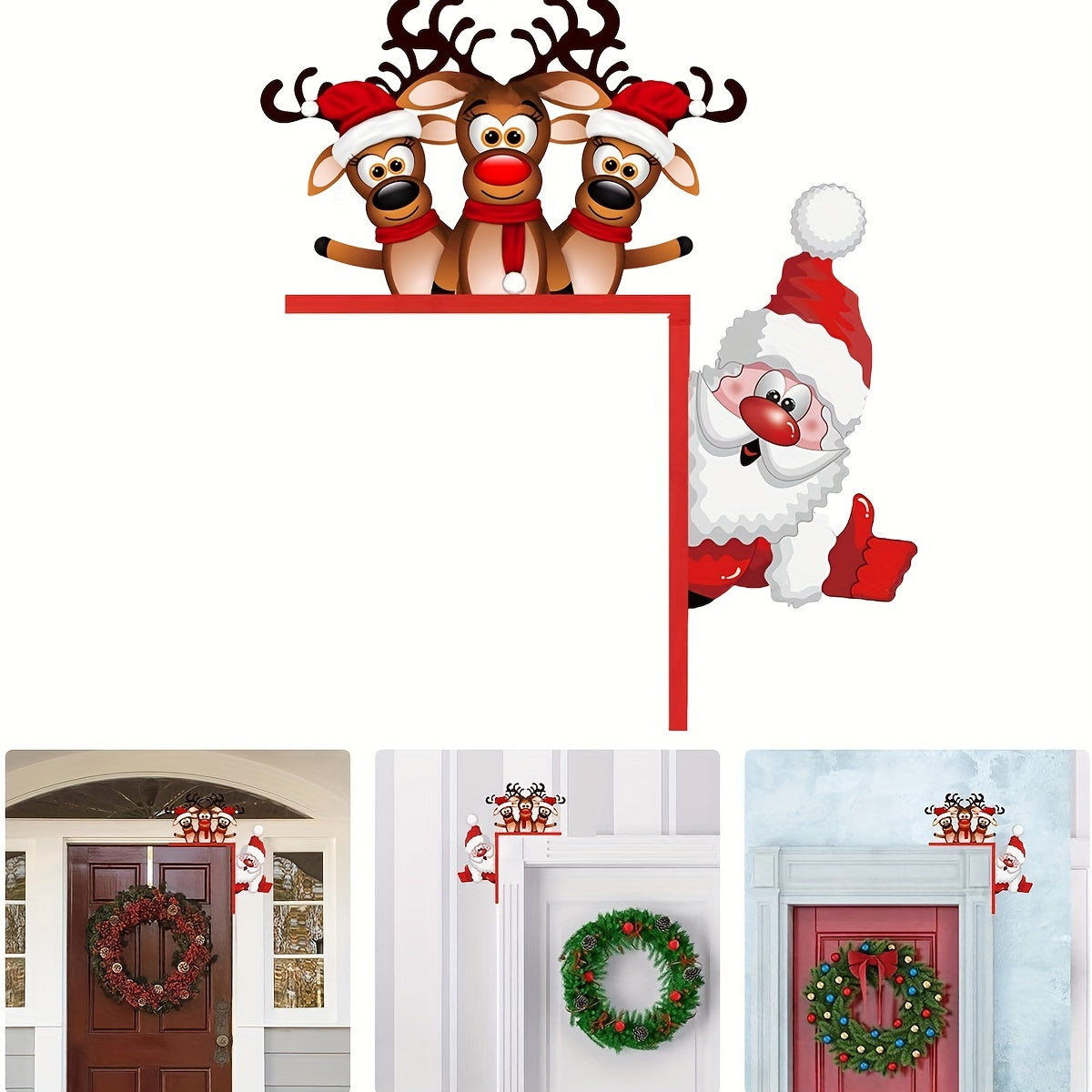 Santa and Reindeer Christmas Door Corner Sign - Wooden Sculpture for Indoor and Outdoor Décor.