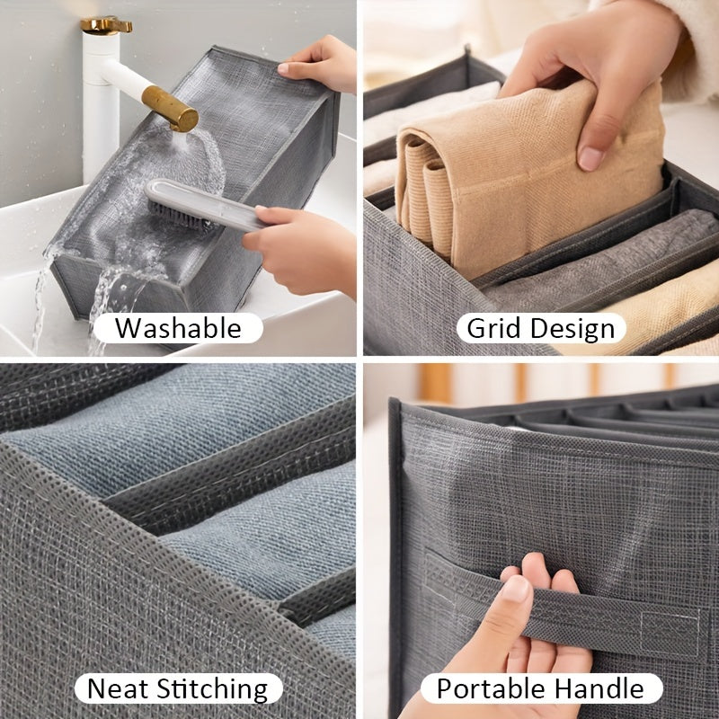 Set of 4 Gray Brushed Non-Woven Fabric Storage Bins with 7 Compartments - Multi-functional Storage Solution for Clothing, Undergarments & Socks, Perfect for Under-Bed Organization