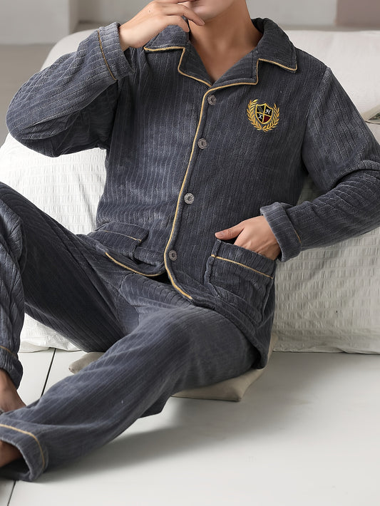 Men's cozy flannel pajama set with lapel collar top and solid color loose fit pants made from 100% polyester knit fabric for fall/winter.