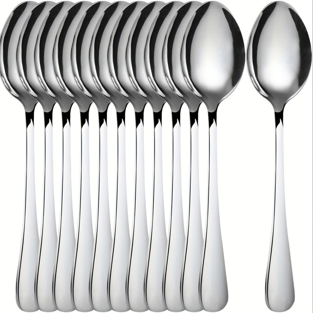 12-piece stainless steel dessert spoon set, 13.69cm, sleek design with black accents and polished finish. Perfect for home, kitchen, restaurants, and afternoon tea. Ideal for ice cream, coffee, and tea.