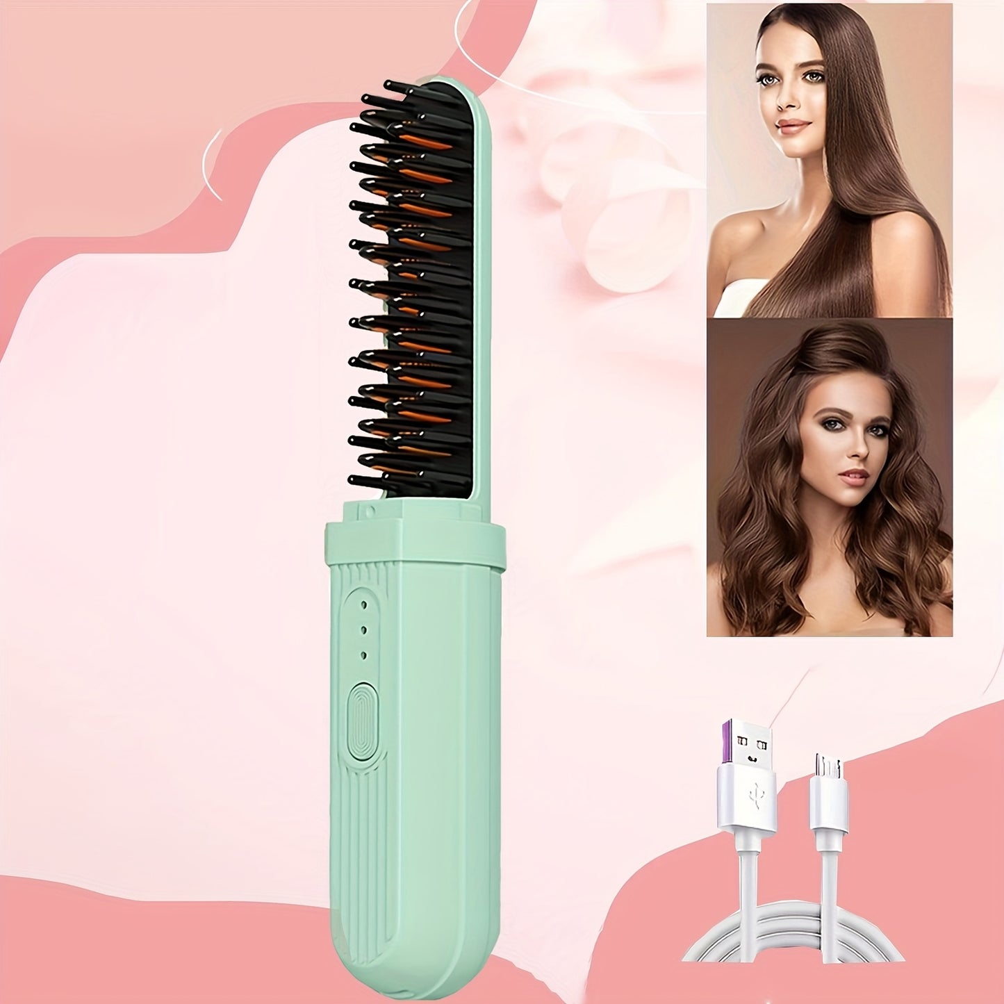 Portable hair straightener and curler with USB rechargeable thermal ion comb, anti-scalding feature, 2000mAh lithium battery, USB-C charging. Travel-friendly and perfect gift for women.