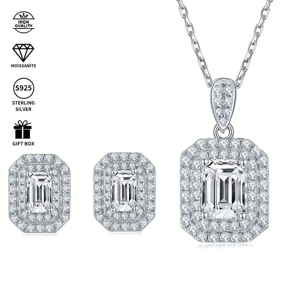 This elegant Moissanite jewelry set features a high-quality S925 silvery inlay. The set includes a necklace and earrings, with the necklace weighing approximately 3.23g and the pendant featuring a stunning 1.0ct main stone. The earrings are approximately