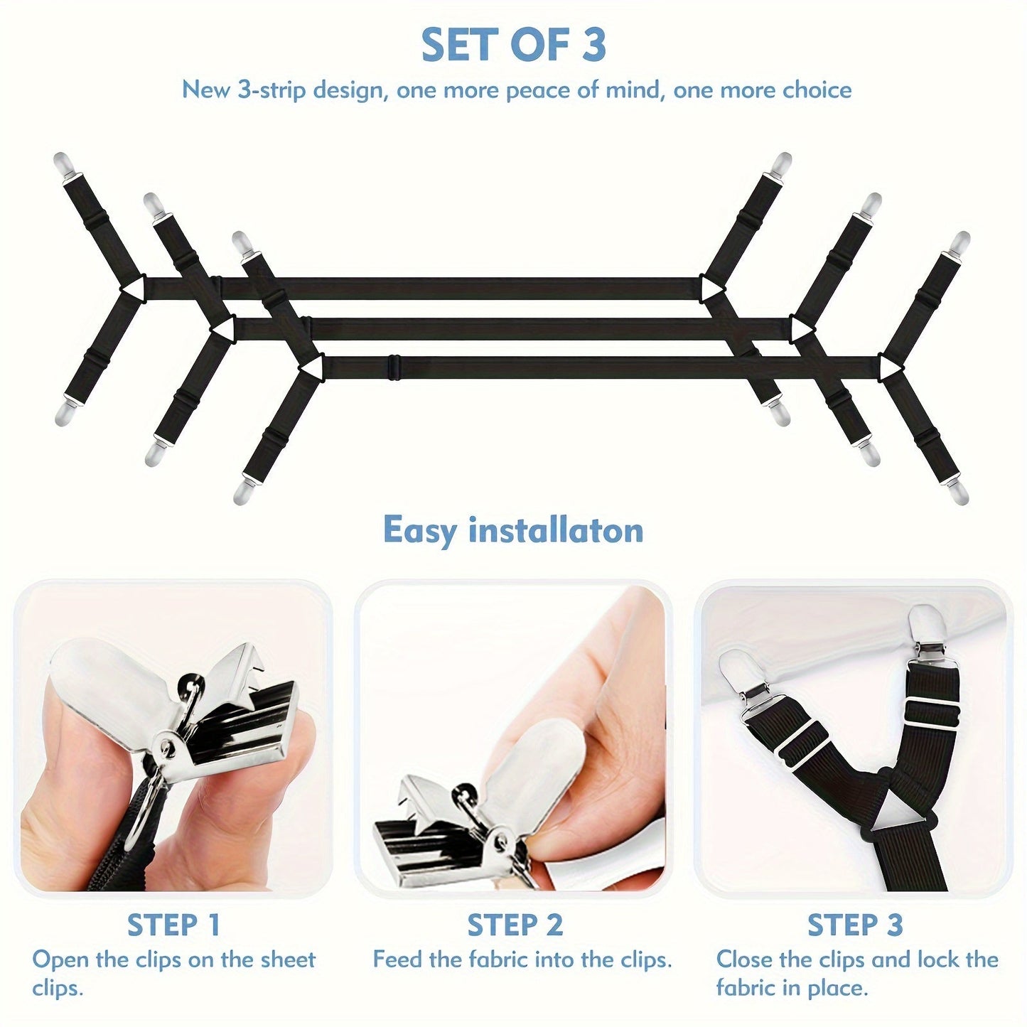 Регулируемые ремни для простыней с металлическими зажимами - Набор из 3 штук | Эластичные застежки для натяжных простыней | Подходит для всех размеров матрасов