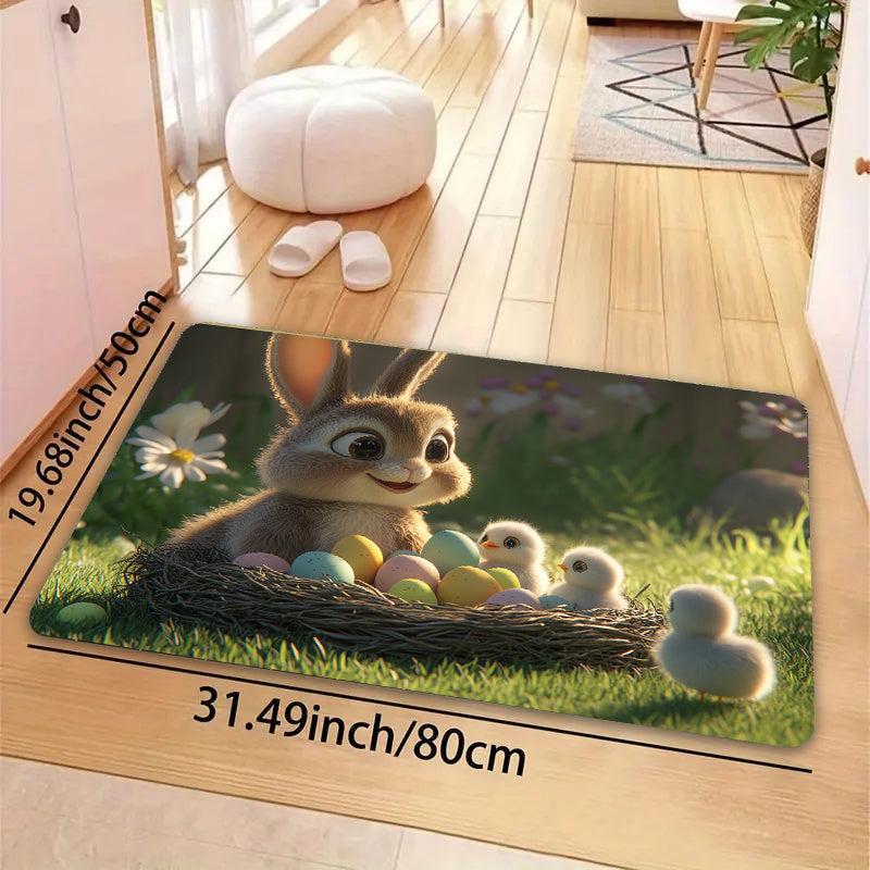 Easter-themed Rug featuring Adorable Rabbit and Chicks design, 8mm Thick Polyester Material for Anti-Slip Properties, Easily Washable Rectangle Mat suitable for Kitchen, Living Room and Bedroom Decor