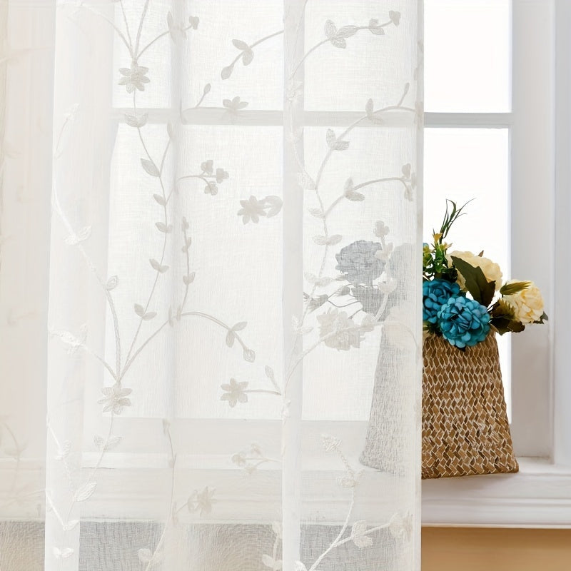 Pair of delicate, transparent gauze curtains adorned with small floral embroidery. These lightweight curtains are heat-insulating and breathable, making them perfect for use in living rooms, bedrooms, restaurants, hotels, or outdoor weddings. Ideal for