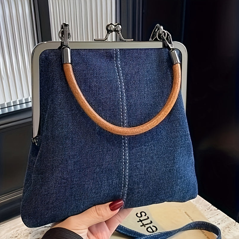 Handcrafted Denim Crossbody Bag for Women with Clasp Closure and Wooden Handle, Handmade Jeans Purse that Folds, Tassel Accents in Solid Blue, Polyester Lining, Painted Edges - Stylish Artisan Messenger Bag Ideal for Festive Gifts