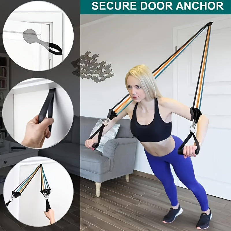 11-piece TPE tension rope set with sponge handle, ankle strap, and door anchor. Ideal for home, gym, yoga, and Pilates workouts.