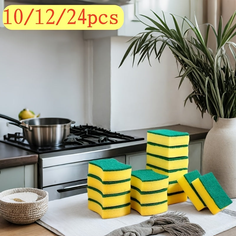 Multi-purpose cleaning sponges in packs of 10, 12, or 24 with dual-sided scrub pads. Made from premium material, these sponges are durable, scratch-free, and super absorbent. An essential cleaning tool for the kitchen, bathroom, outdoor areas, and