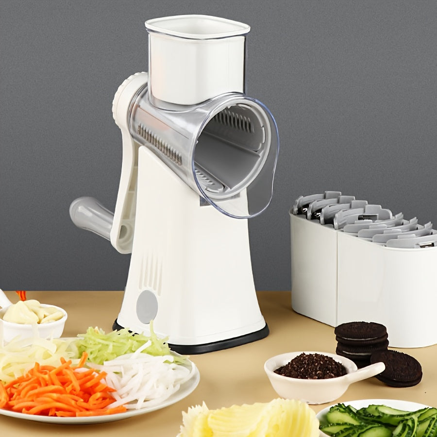 Versatile Kitchen Tool: Manual Rotary Mandoline Slicer with Interchangeable Blades - Made of ABS Material, Hand Crank Operation for easy slicing, grating, and shredding of vegetables and cheese.