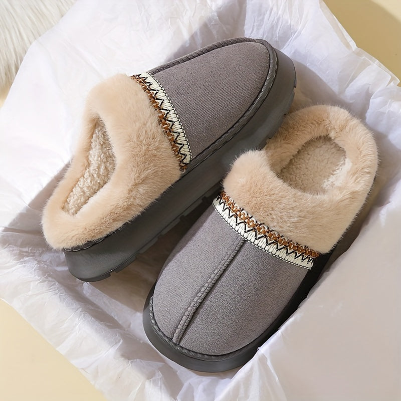 Women's cozy slippers with plush lining, non-slip EVA sole, soft fabric, casual style, hand wash only, solid color, all-season wear, no print.