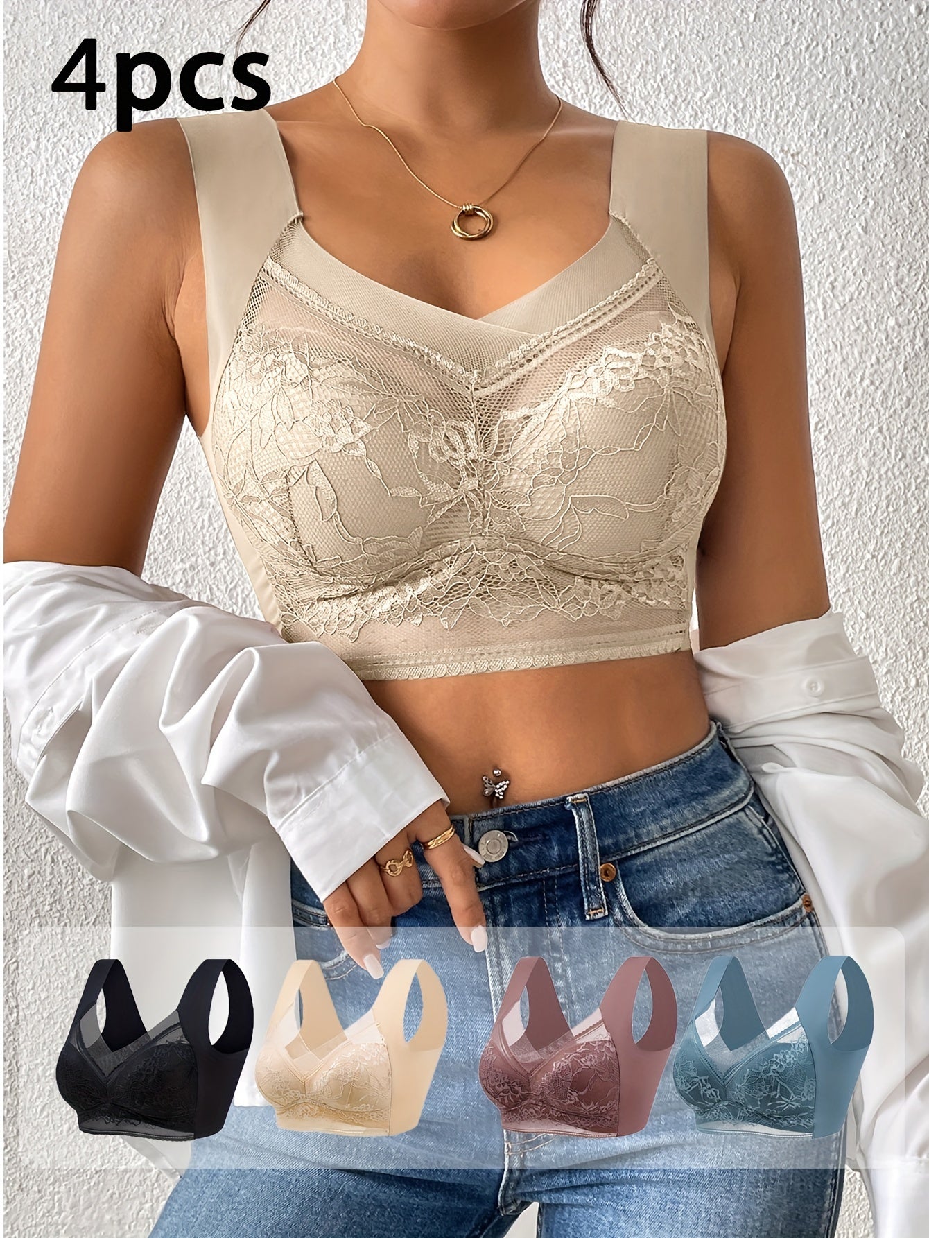 4 pieces of women's lace contrast underwear and bra, including daily bra and no steel ring underwear.