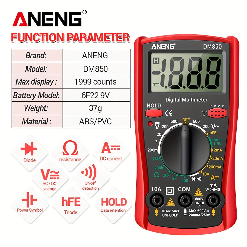 ANENG DM850 Digital Multimeter: Professional, Automatic, 1999 Counts, AC/DC Voltage Tester, Ohm Current Ammeter Detector.