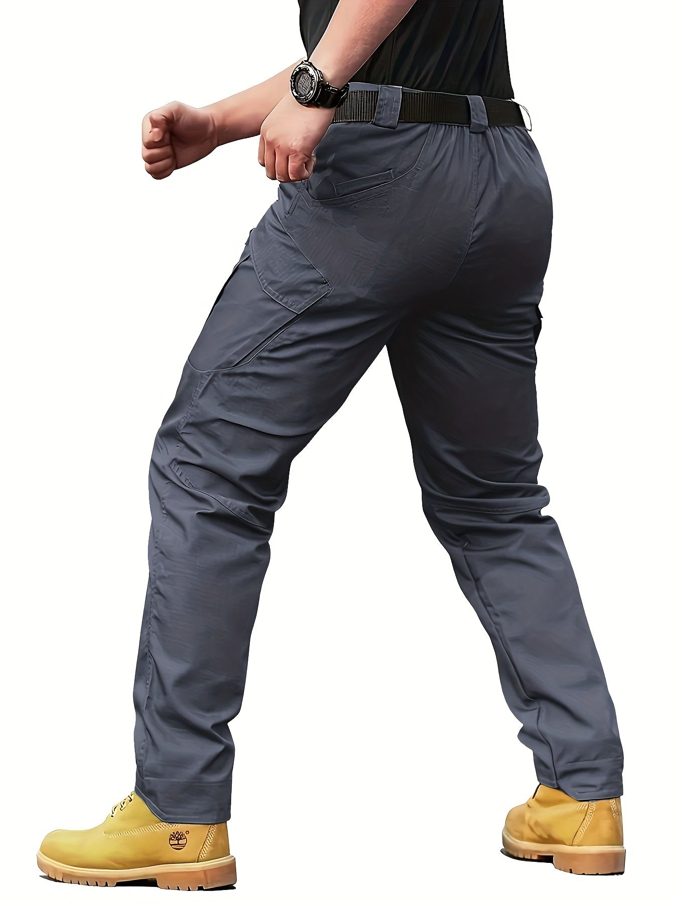 Men's tactical pants with multiple pockets, machine washable polyester, suitable for all seasons.