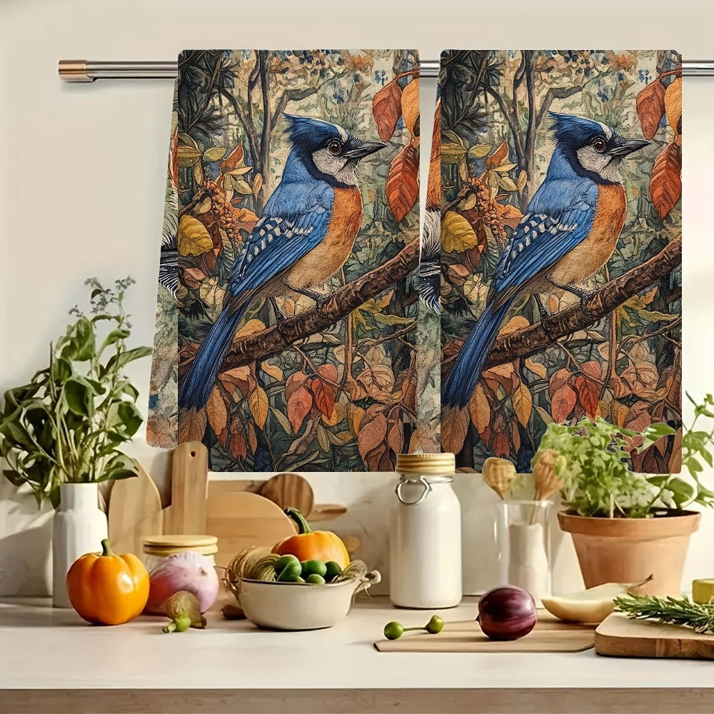 Set of 2 Coastal Style Kitchen Towels featuring a Super Absorbent Polyester Knit Fabric. Easy to clean with a machine washable design. These Contemporary Oblong Hand Towels showcase a Blue Jay Design, measuring 40.64x60.96 cm. Perfect for use as Dish