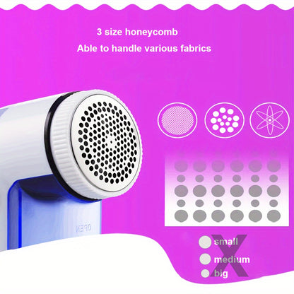 Fabric shaver, also known as electric lint remover, for removing lint, fuzz, and pilling from clothes, bedding, furniture, and carpet. Battery-operated and portable.