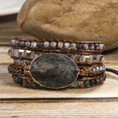 [Top Pick] Adjustable Bohemian Vacation Bracelet - 4mm Natural Stone & Glass Hematite Beads, Wax Rope Weave with Tiger Eye & Labradorite Accents, 5-Strand Design, Orange Heart, Peak, Gray Connection - Spring/Summer Collection