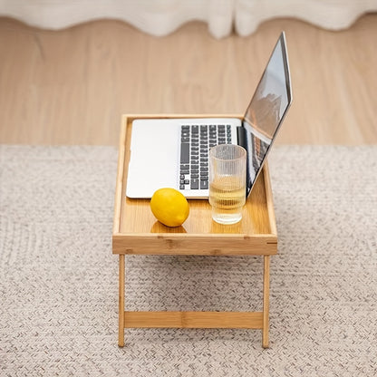 Bamboo folding table with tray, adjustable for bed, sofa, outdoors. Perfect gift for Father's Day and Mother's Day.