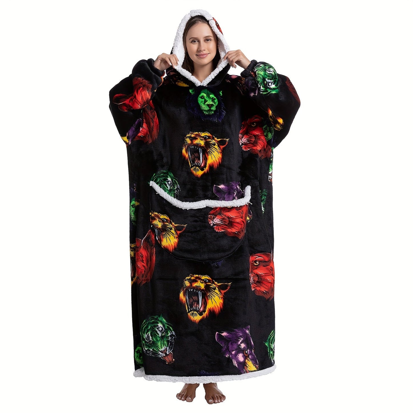 Stay warm and cozy in this Extra Long Wearable Blanket Hoodie featuring a Preppy Style Oversized Flannel design with Animal Print for Adults. Made with Polyester Knit Fabric, this Hand Wash Only Cozy Giant Hoodie is perfect for those chilly nights. 1pc