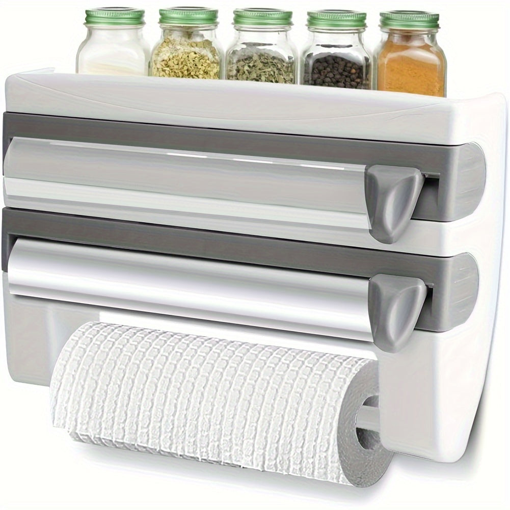 Wall-mounted kitchen storage rack with built-in cutter for plastic wrap, foil, tape, and paper towels. Easy access, easy installation, space-saving design for drawers and cabinets. Helps