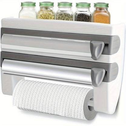 Wall-mounted kitchen storage rack with built-in cutter for plastic wrap, foil, tape, and paper towels. Easy access, easy installation, space-saving design for drawers and cabinets. Helps