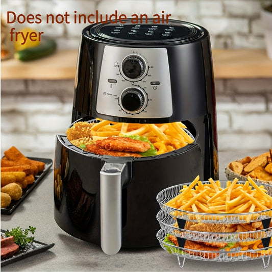 This bundle includes three durable stainless steel air fryer racks, perfect for baking and dehydrating multiple layers of food. These pans are a breeze to clean and can be stacked for convenient storage. Ideal for use in kitchens and restaurants. Air