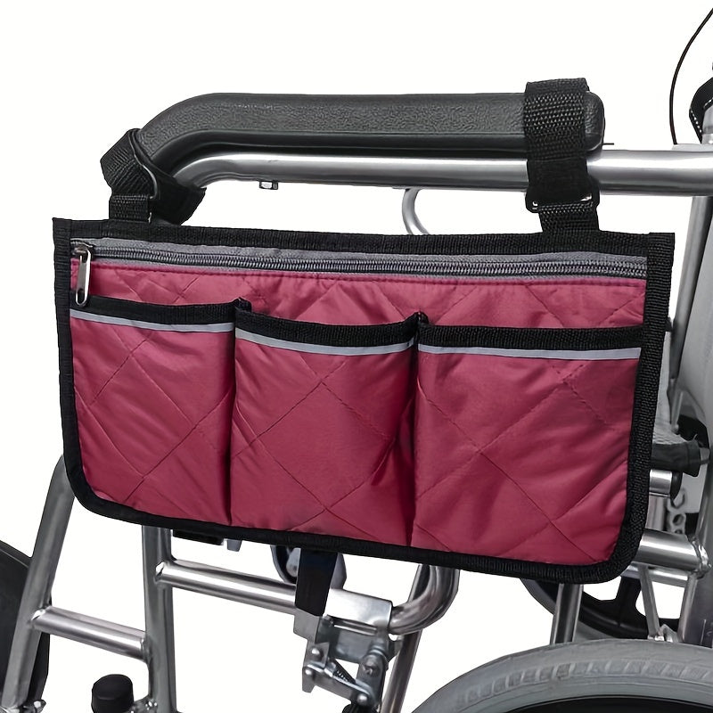 Portable hanging bag for stroller with reflective strip and multiple pockets, featuring armrest attachment and foldable design.