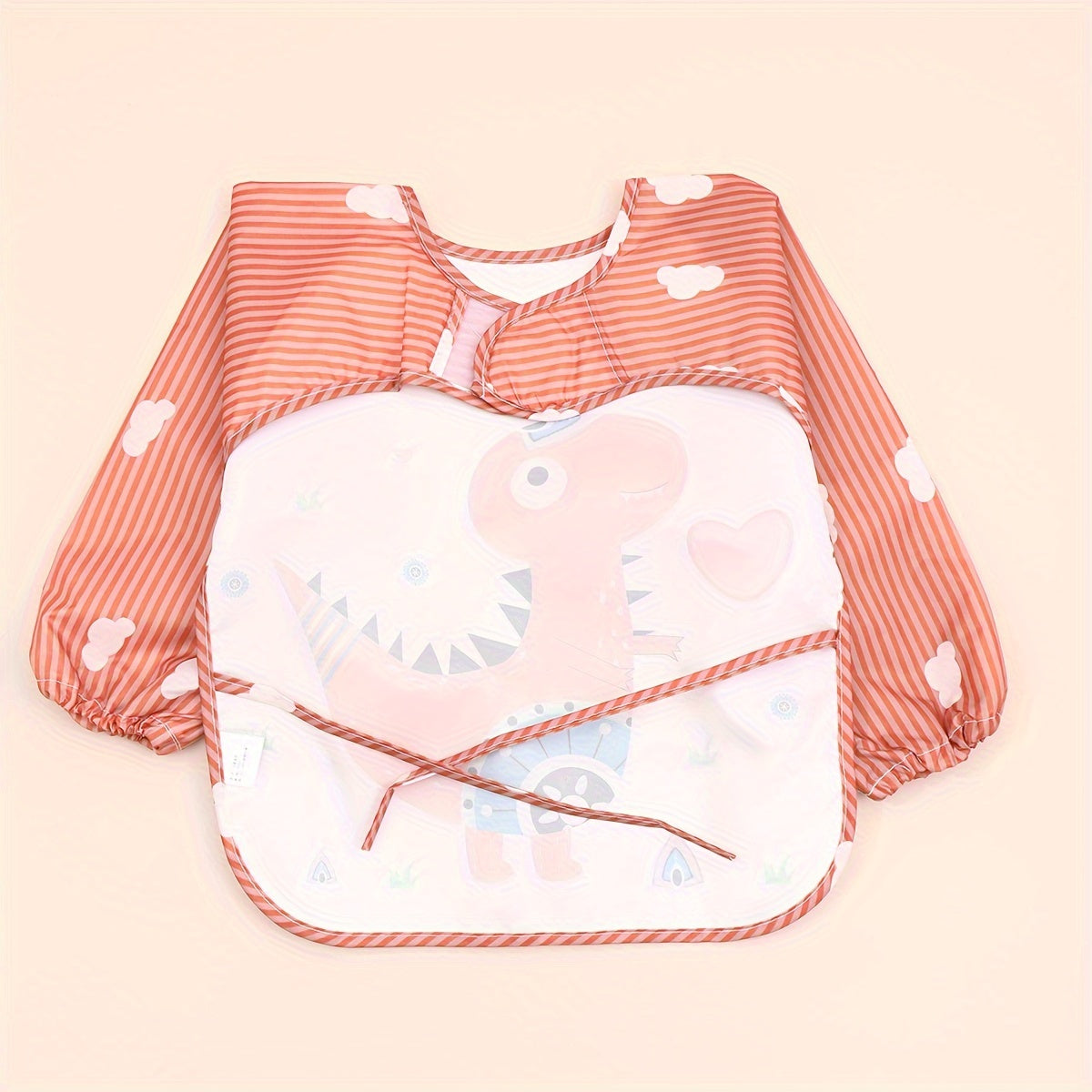 Easily cleanable reverse wear cartoon bib with waterproof long sleeves, suitable for home and travel.