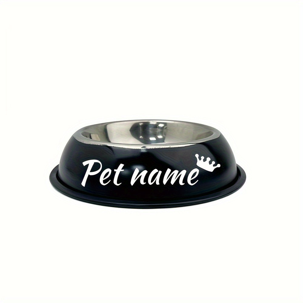 Custom stainless steel dog bowl with non-slip base for small, medium, and large dogs. Personalize with pet's name for food and water.