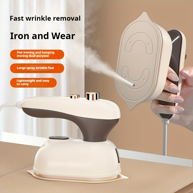 Portable handheld ironing machine with dual-purpose flat and hanging steam iron function. Fast wrinkle removal, uses 220-240V with European standard plug, no battery needed. Perfect for