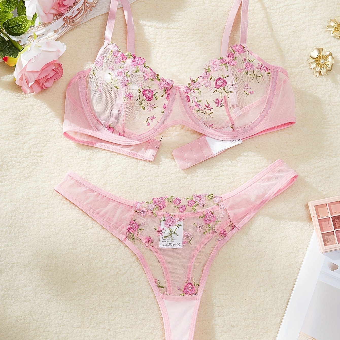 Mesh lingerie set with floral embroidery, includes plunge bra and thong for women